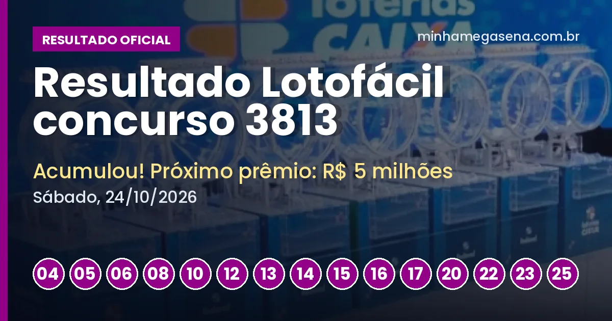 Resultado da Lotofácil concurso 3813: acumulou e próximo prêmio é de R$ 5 milhões