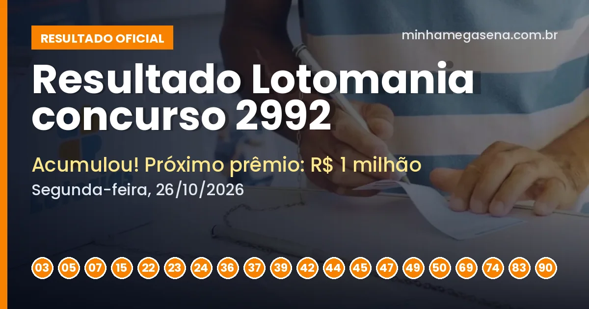 Resultado da Lotomania concurso 2992: acumulou e próximo prêmio é de R$ 1 milhão