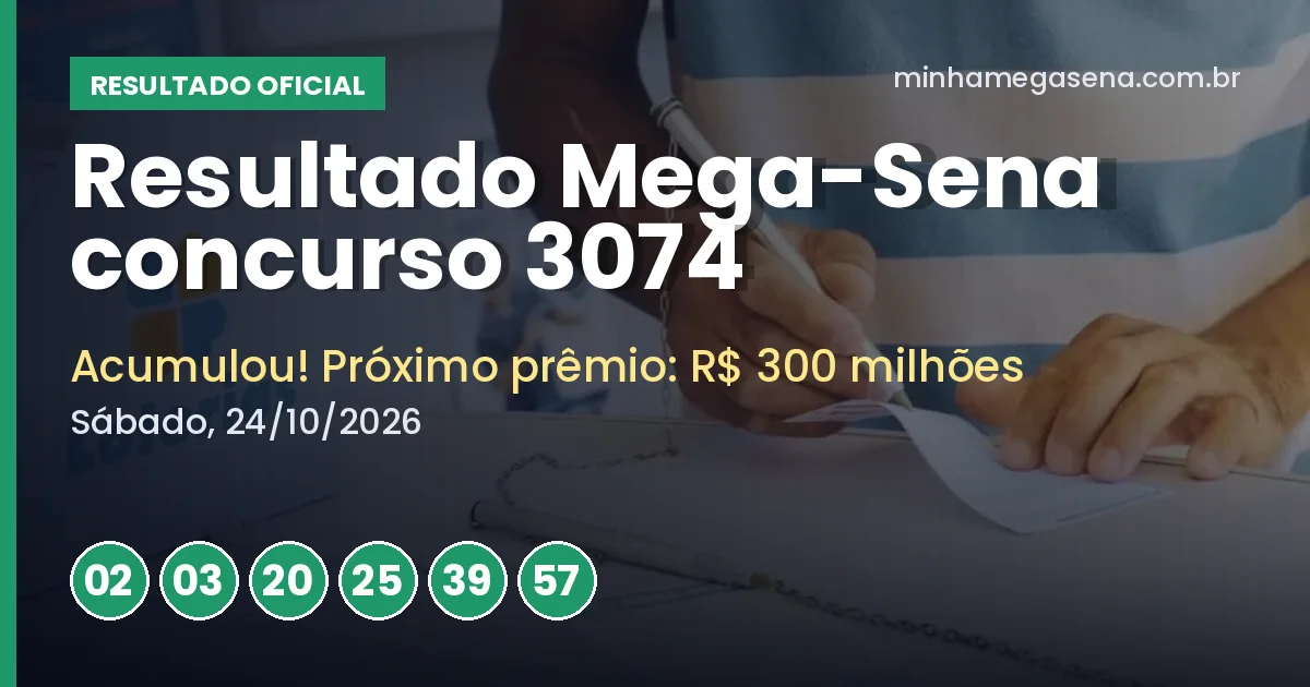 Resultado da Mega-Sena concurso 3074: acumulou e próximo prêmio é de R$ 300 milhões