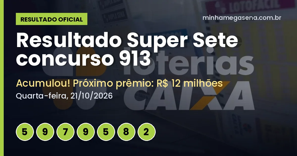 Resultado da Super Sete concurso 913: acumulou e próximo prêmio é de R$ 12 milhões